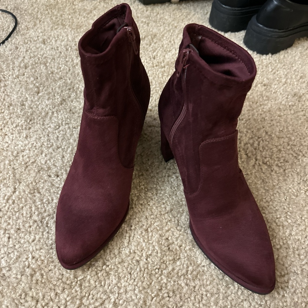 Maroon heeled booties